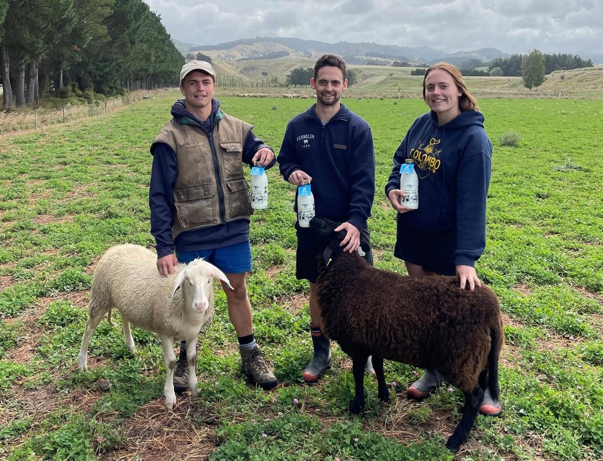 The three Ravenwood siblings showcasing their milk bottles, being joined by two of their sheep.